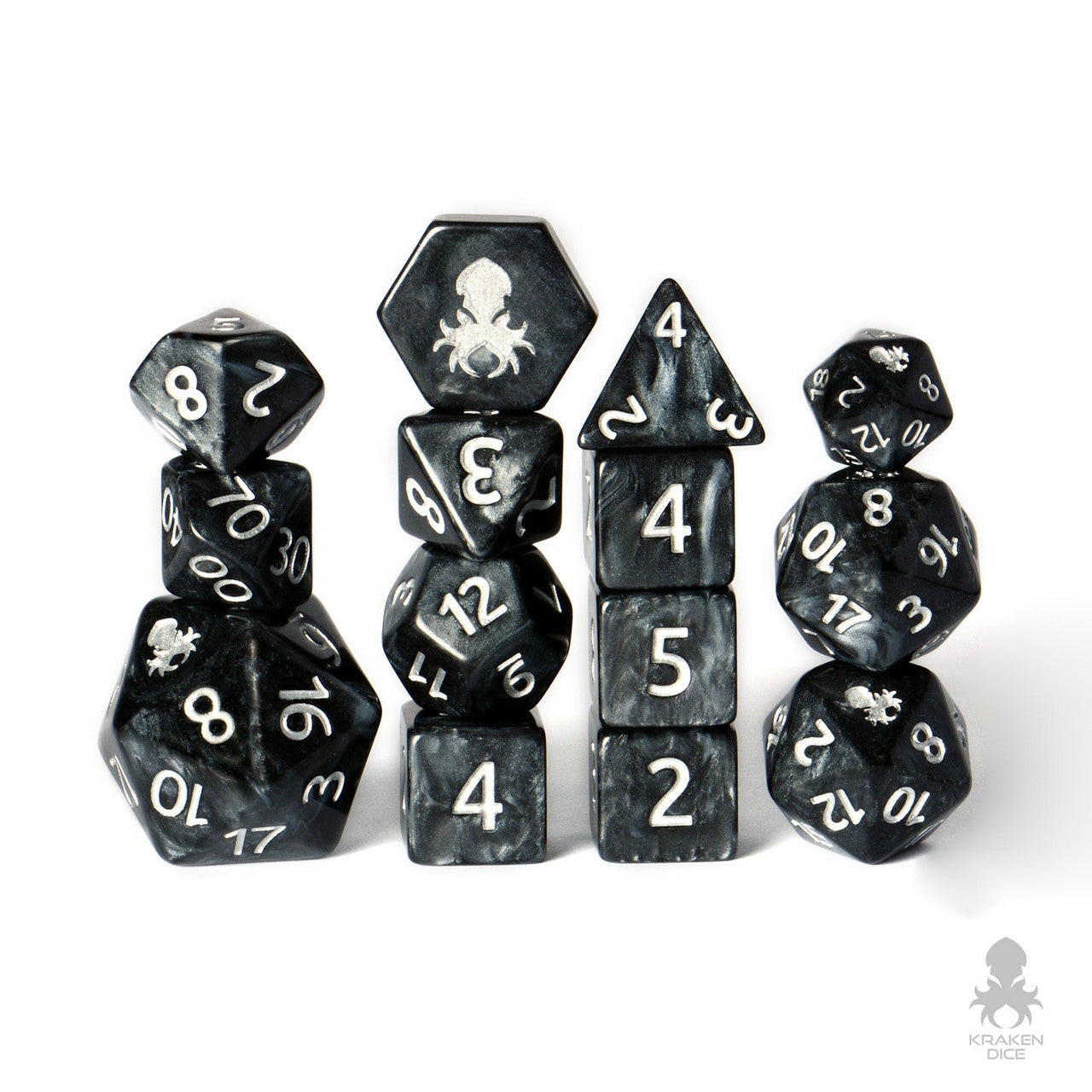 Iconic Black with Silver Ink 14pc DnD Dice Set With Kraken Logo